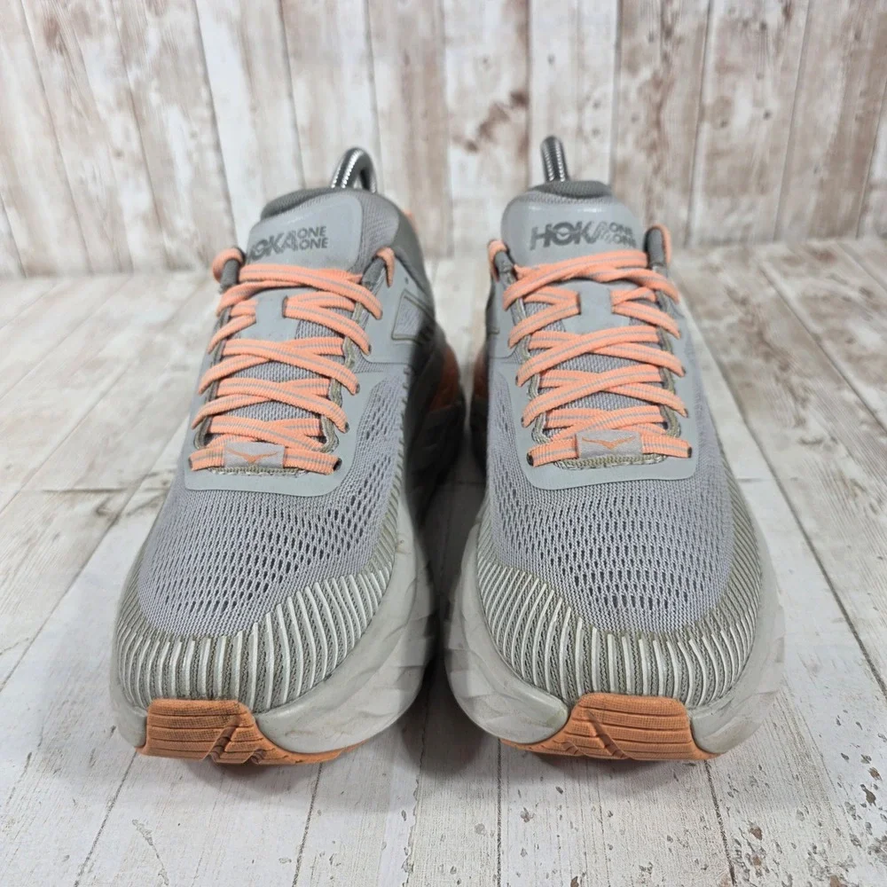 Hoka One One Bondi 7 Womens 7 Grey Orange Running Shoes 1110519 HMSH Harbor Mist